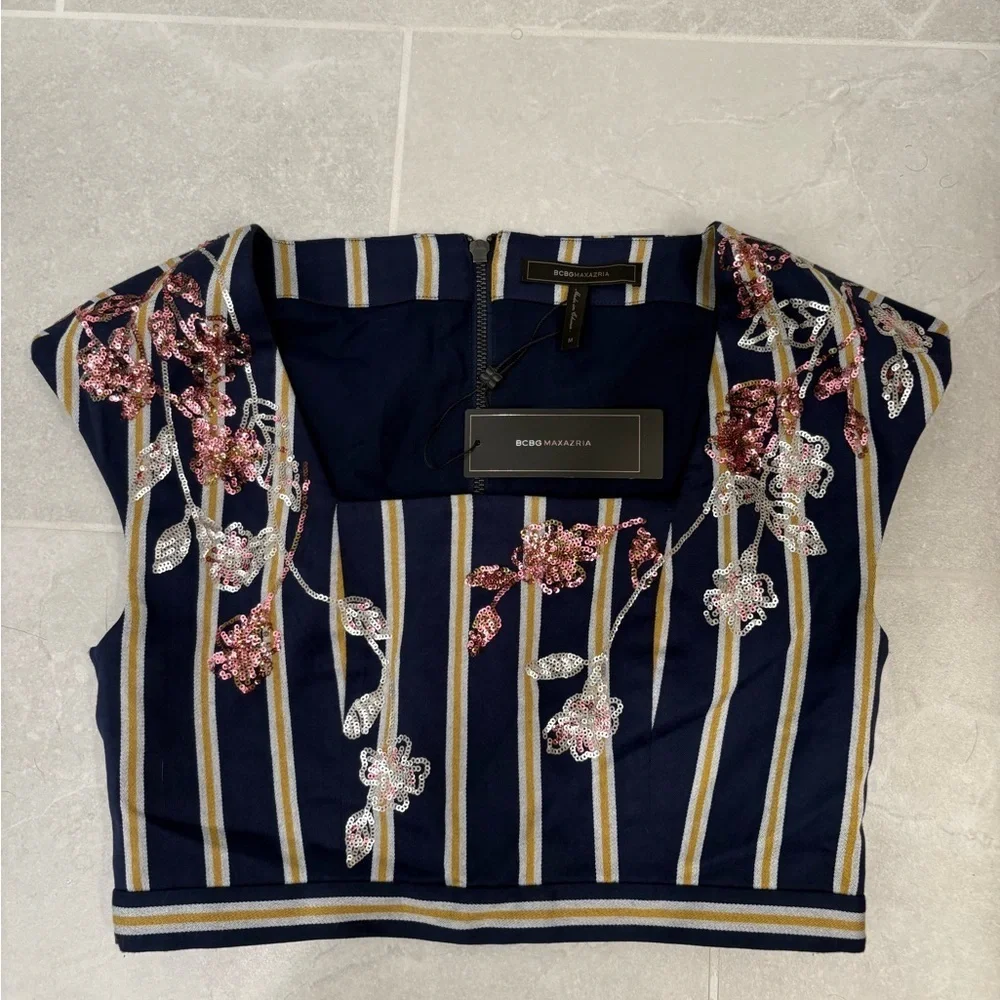 BCBGMaxAzria Crop Top Cap-Sleeve in Striped Floral Sequined Blue Yellow Size M - Picture 2 of 10